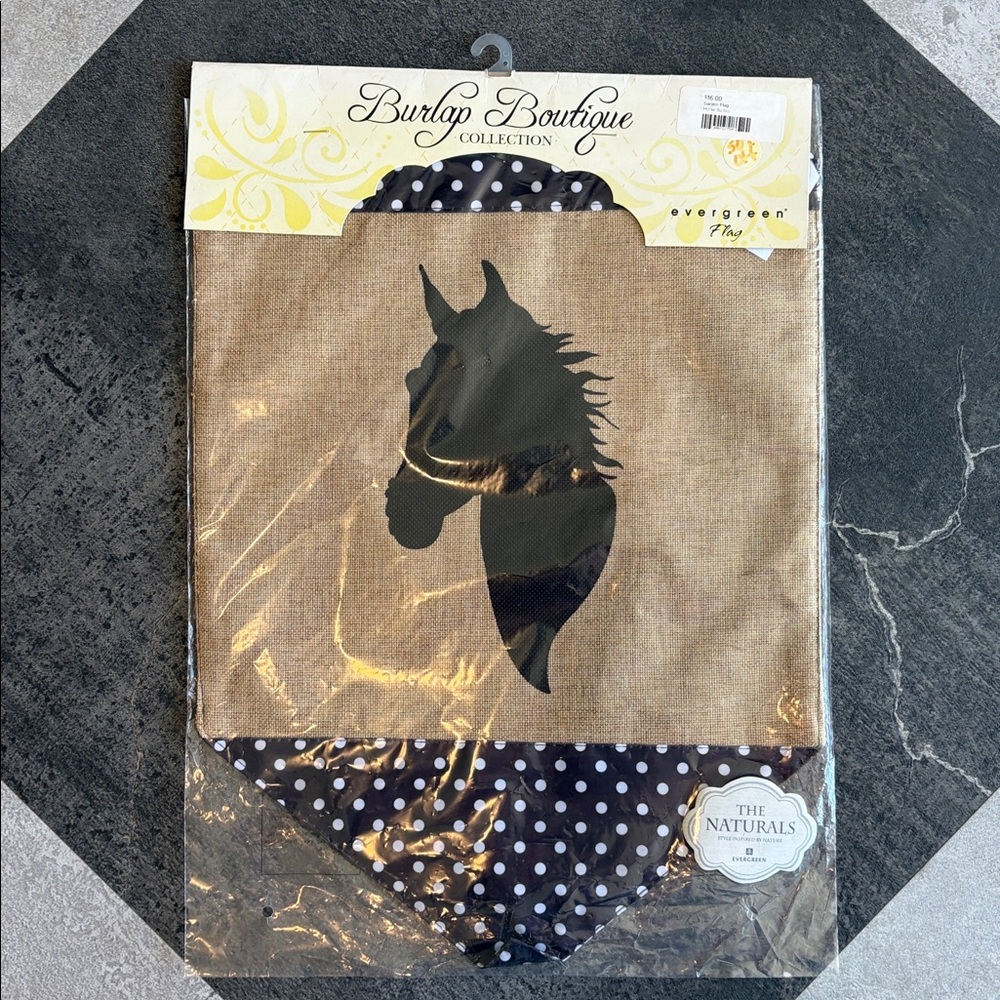 NWT - Evergreen Garden Flag - Burlap Horse polka dot ribbon